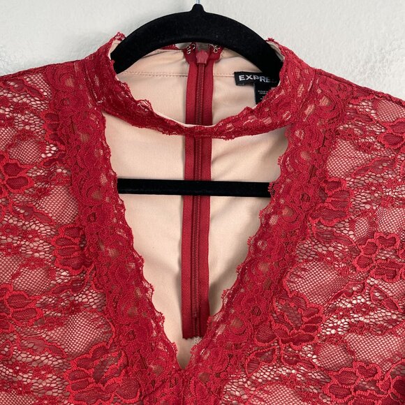 Express Womens Small Red Lace Choker Neck Short Sleeve Top Blouse Shirt - Picture 10 of 12